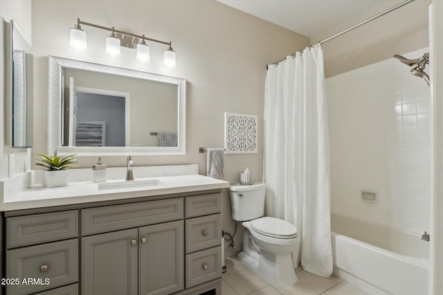 full bathroom featuring vanity, shower / bath combo, tile patterned flooring, and toilet