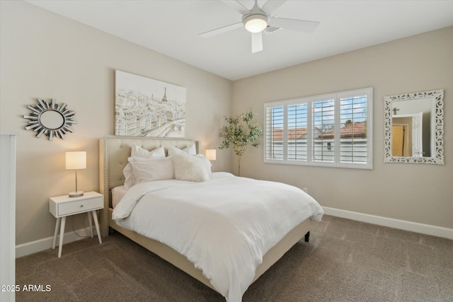 carpeted bedroom with a ceiling fan and baseboards