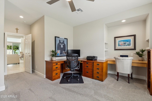 office area with recessed lighting, baseboards, visible vents, and light colored carpet