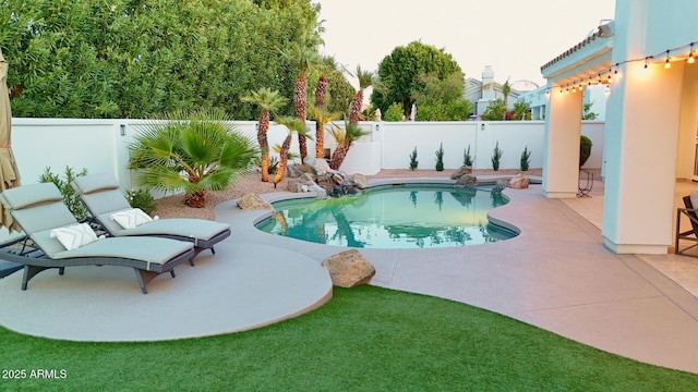 view of pool with a fenced in pool, a fenced backyard, and a patio