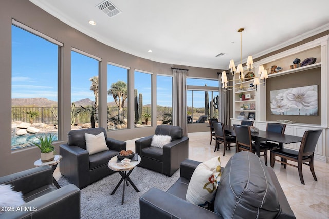 living area featuring visible vents, crown molding, and recessed lighting