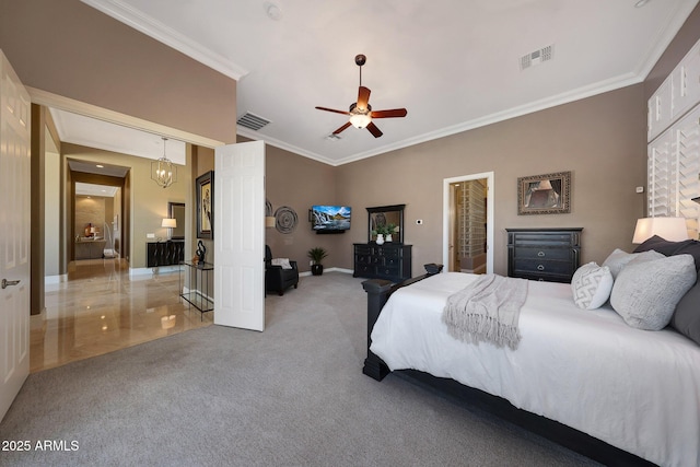 carpeted bedroom with visible vents, crown molding, baseboards, and ceiling fan with notable chandelier