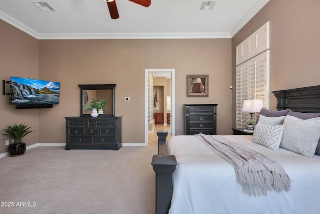 bedroom with ornamental molding, carpet flooring, and visible vents