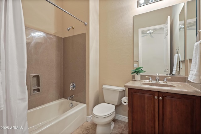 full bath featuring tile patterned flooring, toilet, vanity, baseboards, and shower / tub combo with curtain