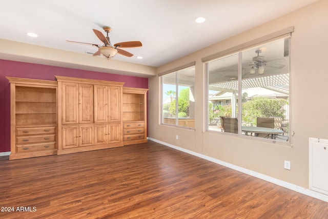 unfurnished bedroom with recessed lighting, a ceiling fan, baseboards, and dark wood-style flooring