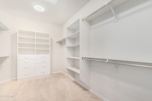 walk in closet with light carpet