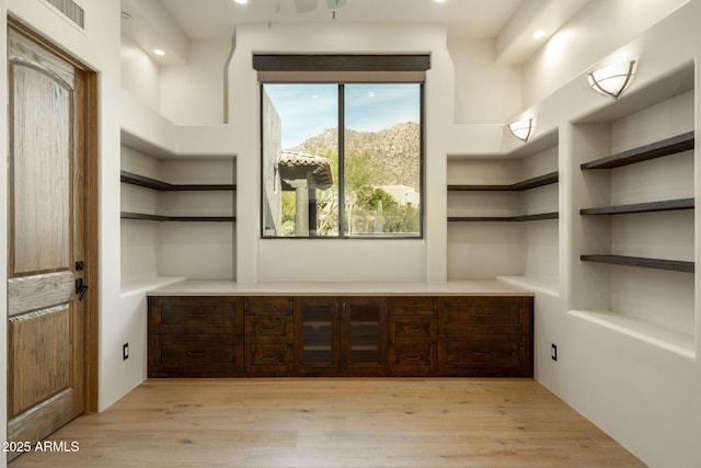 interior space with light wood-style flooring, visible vents, and built in features