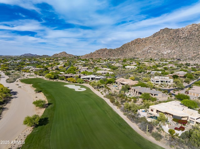 birds eye view of property featuring a residential view, a mountain view, and golf course view