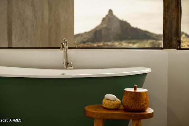 interior details featuring a freestanding bath and a mountain view