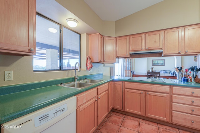 kitchen with black electric stovetop, a sink, light brown cabinets, under cabinet range hood, and dishwasher