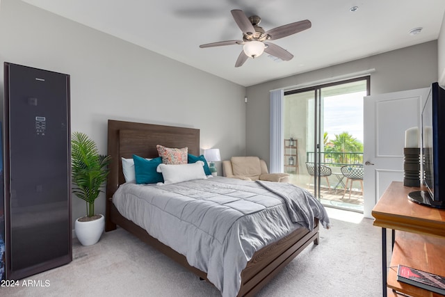 bedroom featuring access to exterior, carpet flooring, and ceiling fan