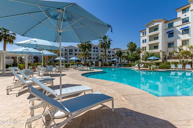 community pool with a patio area and a residential view