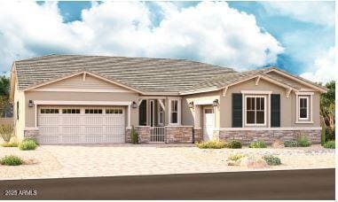 20534 S 216th Pl, Queen Creek, AZ 85142 - view of front facade featuring an attached garage, stone siding, concrete driveway, and stucco siding