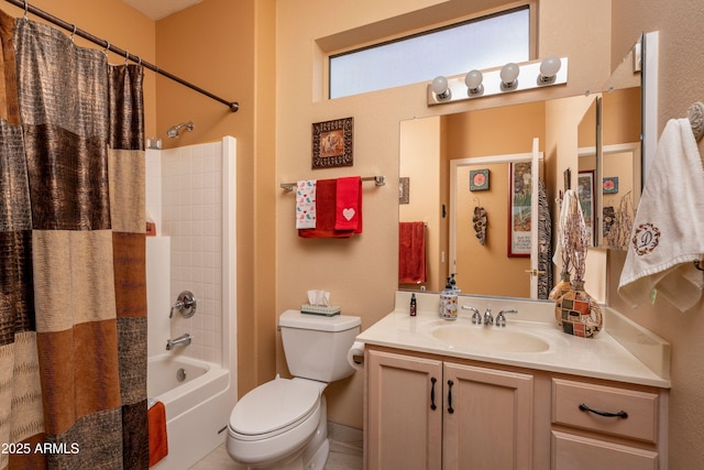 full bathroom with vanity, shower / bath combination with curtain, and toilet