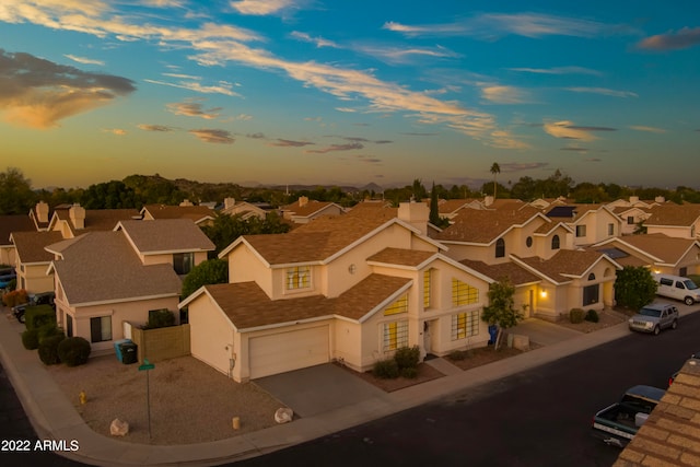 view of aerial view at dusk