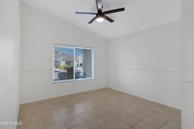 unfurnished room featuring lofted ceiling, ceiling fan, and baseboards