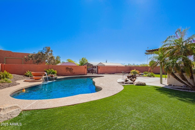 view of pool with a fenced in pool, a patio area, a fenced backyard, and a lawn