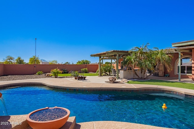 view of pool with a patio area, a fenced in pool, fence, and a pergola