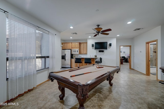 rec room featuring pool table and ceiling fan