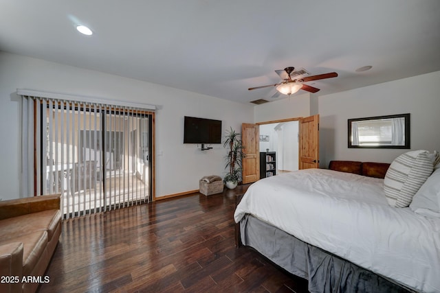 bedroom with access to outside, dark hardwood / wood-style floors, and ceiling fan