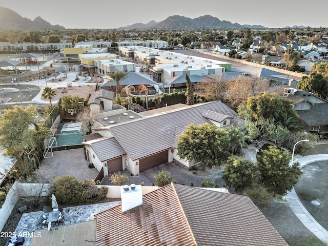 drone / aerial view featuring a mountain view