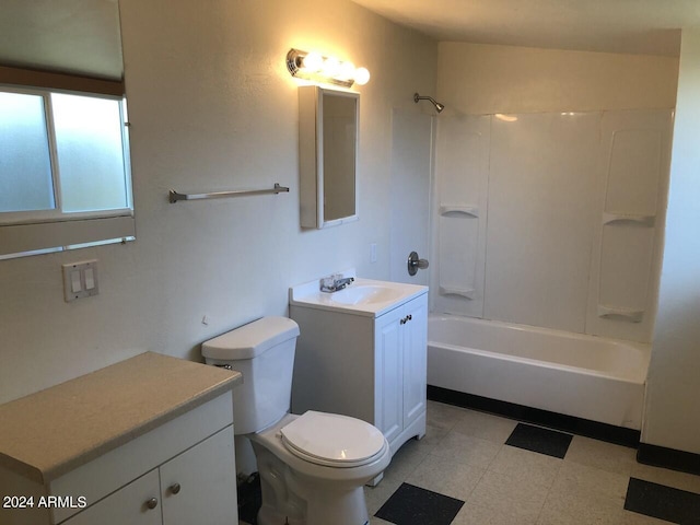 full bathroom with vanity, toilet, and washtub / shower combination