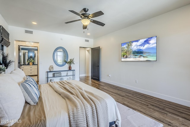 bedroom featuring recessed lighting, baseboards, visible vents, and wood finished floors