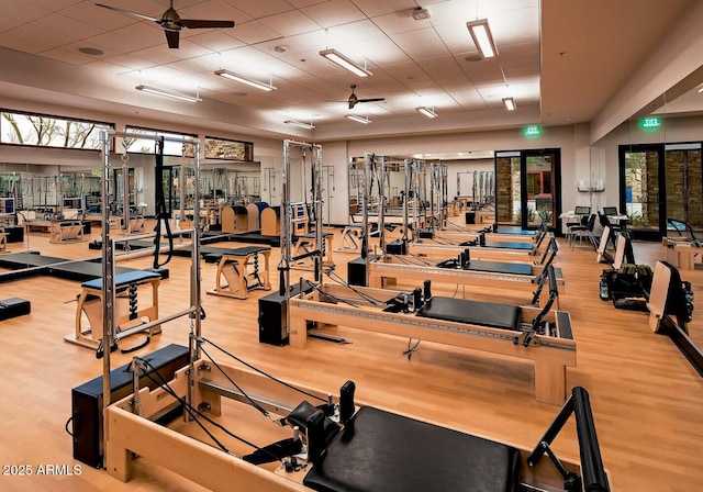 gym featuring hardwood / wood-style flooring and ceiling fan