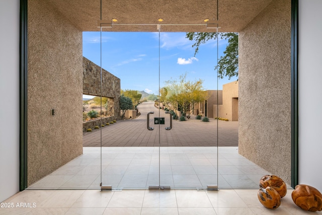 view of patio with a mountain view