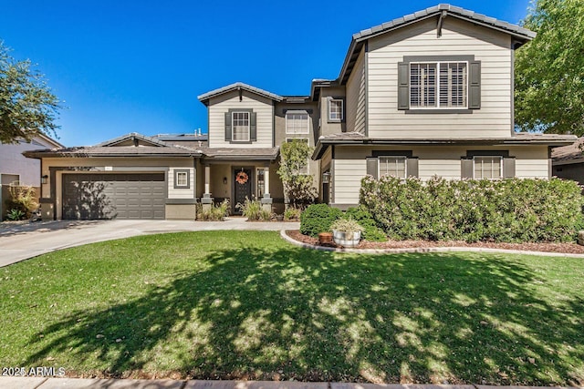 traditional home with an attached garage, driveway, a front lawn, and solar panels