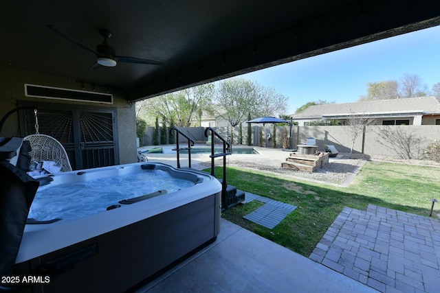 3062 E Cullumber St, Gilbert, AZ 85234 - view of patio / terrace with a hot tub, a fenced in pool, a ceiling fan, and a fenced backyard
