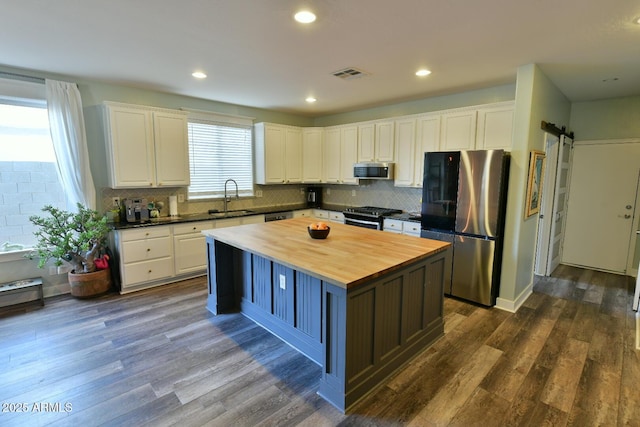 3062 E Cullumber St, Gilbert, AZ 85234 - kitchen featuring a barn door, visible vents, wood counters, appliances with stainless steel finishes, and a sink