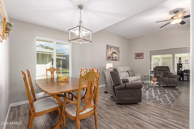 dining space with a wealth of natural light, hardwood / wood-style floors, and ceiling fan with notable chandelier