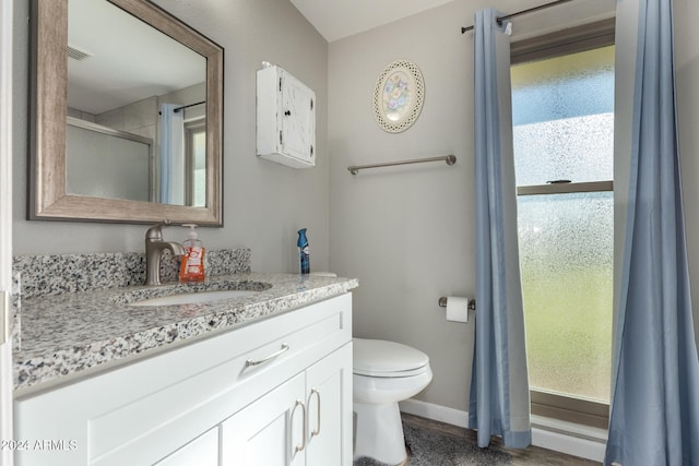 bathroom featuring hardwood / wood-style floors, vanity, toilet, and walk in shower