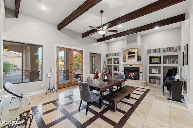 dining area featuring light tile floors, ceiling fan, french doors, beamed ceiling, and built in shelves