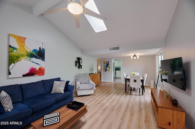 living area with light wood finished floors, visible vents, a skylight, and high vaulted ceiling