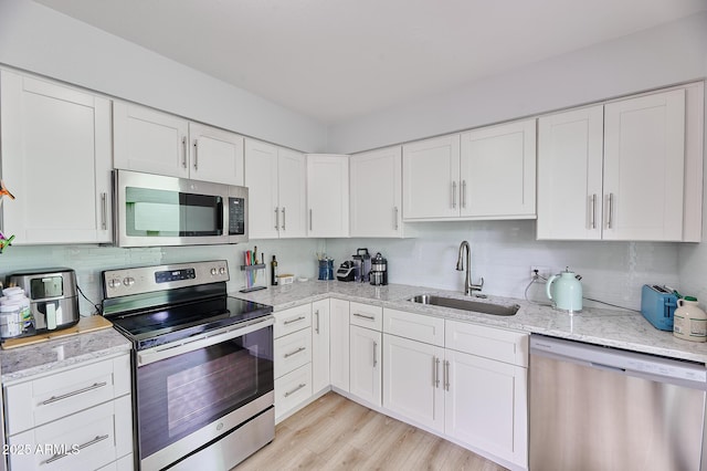 kitchen featuring white cabinetry, tasteful backsplash, appliances with stainless steel finishes, and a sink