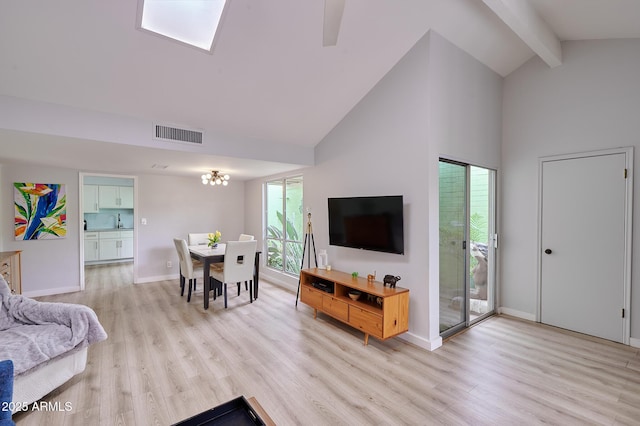 living area with light wood-type flooring, visible vents, beamed ceiling, and high vaulted ceiling