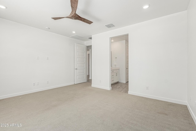4051 S Galaxy Ln, Mesa, AZ 85212 - unfurnished bedroom with light colored carpet, recessed lighting, baseboards, ensuite bathroom, and ceiling fan