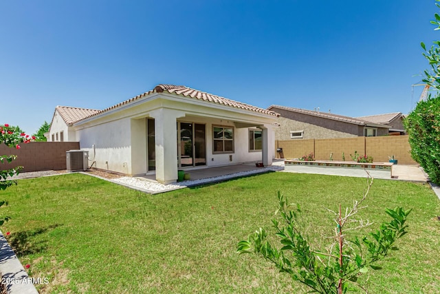 4051 S Galaxy Ln, Mesa, AZ 85212 - rear view of house featuring central AC unit, stucco siding, a patio, and a tile roof