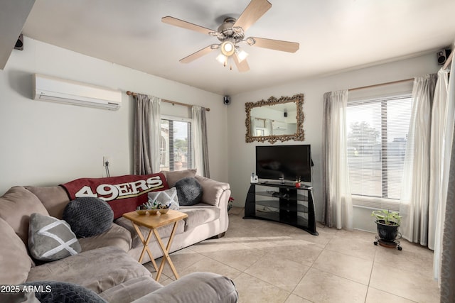 tiled living room featuring an AC wall unit and ceiling fan