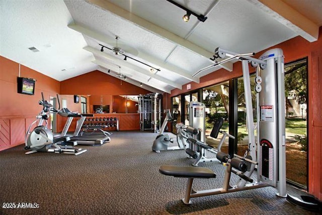 exercise room featuring lofted ceiling, visible vents, and a textured ceiling