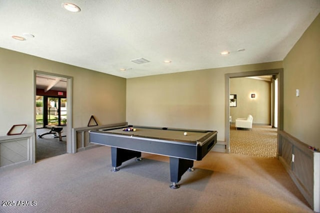 game room with carpet, billiards, visible vents, and recessed lighting