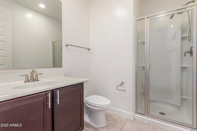 full bath with vanity, tile patterned flooring, a stall shower, and toilet
