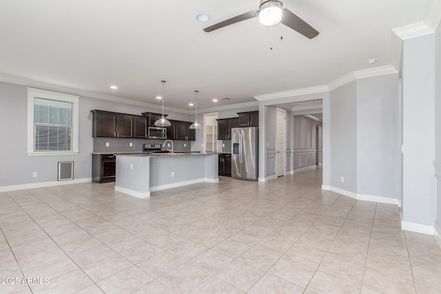 unfurnished living room featuring crown molding, recessed lighting, ceiling fan, and baseboards