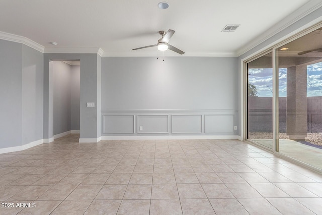 unfurnished room with crown molding, ceiling fan, light tile patterned floors, and visible vents