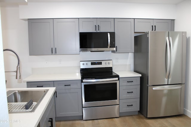 kitchen featuring a sink, gray cabinetry, and stainless steel appliances