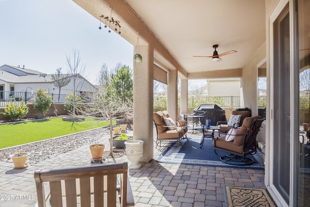 6975 E Lynx Wagon Rd, Prescott Valley, AZ 86314 - view of patio featuring area for grilling, fence, and ceiling fan