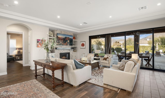 living room with a fireplace