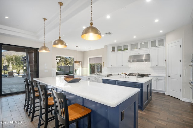 kitchen with pendant lighting, white cabinetry, a kitchen island with sink, and decorative backsplash